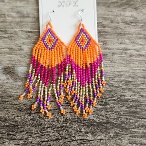 NWT Orange/purple Beaded Fringe Dangle Earrings